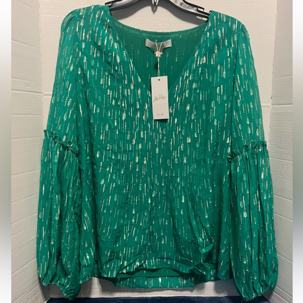 Lilly Pulitzer Blouse Women Sz 12 Fiddle Leaf Green Metallic Elegant Long Sleeve